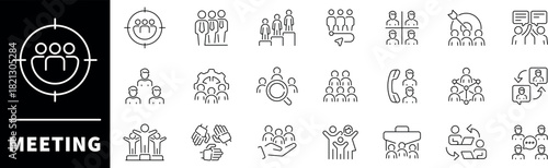 Meeting vector icons. Meeting thin line icons collection. Seminar, business, presentation, interview, conference, assembly, agreement, discussion, meeting related icons
