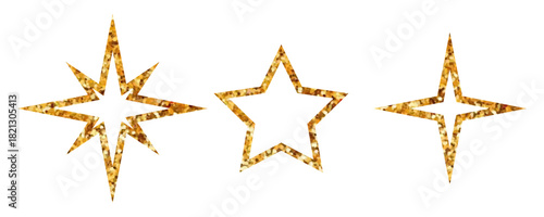Set contour gold star icons isolated on white. Glitter stars symbols. Shiny elements for postcard, holiday design, cover or invitation.