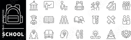 School vector icons. School thin line icons collection. Classroom, student, teacher, education, knowledge, study, lesson, school related icons