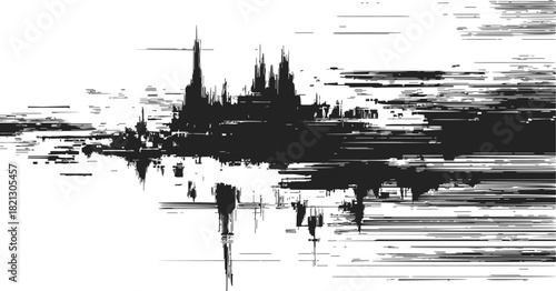 Cityscape abstract sketch, hand drawn vector with dynamic horizontal lines and urban skyline. Vector illustration