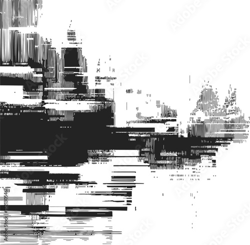 Abstract cityscape sketch, hand drawn vector, with glitch lines and urban skyline. Vector illustration
