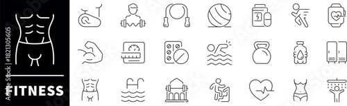 Fitness vector icons. Fitness thin line icons collection. Fitness, exercise, workout, training, sport related icons