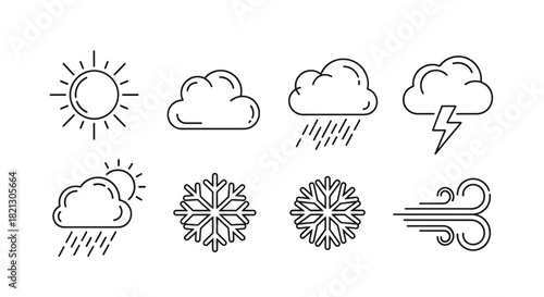 Collection of weather icons including sun, clouds, rain, snow, lightning, and wind