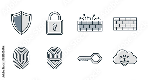 Cybersecurity and Data Protection Icons Shield, Lock, Firewall, Fingerprint, Key, Cloud Protection