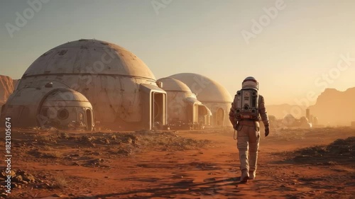 Astronaut in a spacesuit walks across a dusty Martian landscape toward a row of white dome habitats.