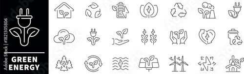 Green energy vector icons. Green energy thin line icons collection. Renewable energy, ecology, electricity, recycling, eco, environment.