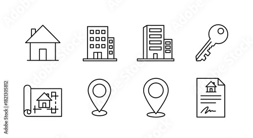 Essential Real Estate Line Icons Set for Property Search, Home Buying, Apartment Rentals, and Housing Market Concepts