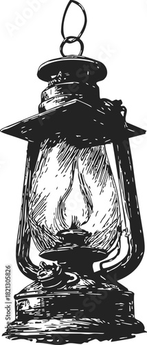 Antique lantern sketch, hand drawn vintage oil lamp with glass chimney. Vector illustration