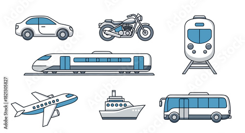 Diverse collection of modern transportation vehicles including a car, motorcycle, train, airplane, ship, and bus