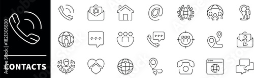 Contacts vector icons. Contacts thin line icons collection. E-mail, phone, address, customer service, call, message, website. Contact symbols