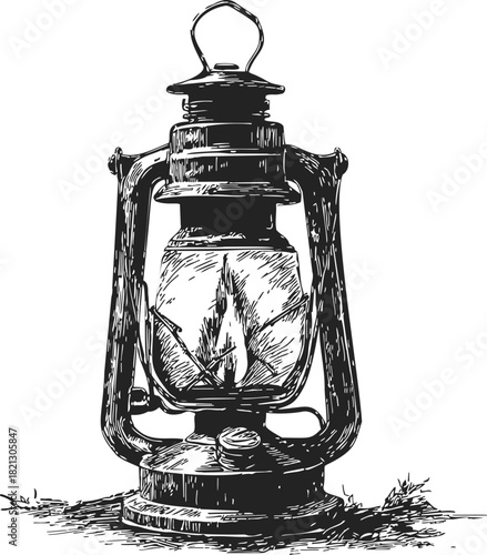 Antique lantern sketch, hand drawn vintage oil lamp with flame and rustic details. Vector illustration