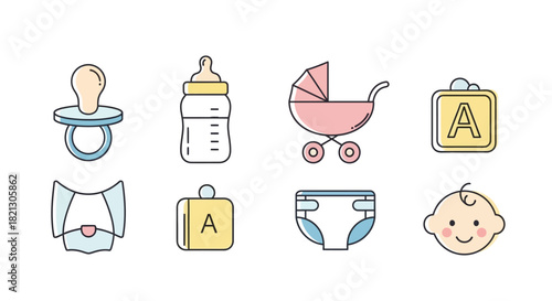 Delicate Line Art Baby Icons Set Pacifier, Bottle, Stroller and More