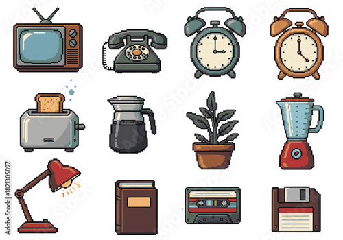 Vintage home object and retro electronics collection illustrated in a classic 8-bit pixel art graphic style