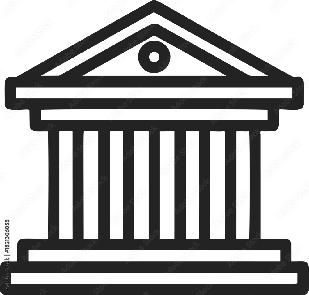 Naklejka premium Bank building sketch, hand drawn vector, classic facade with columns and pediment. Vector illustration