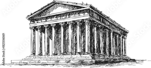 Ancient Greek temple sketch, hand drawn line art with classical columns and pediment. Vector illustration