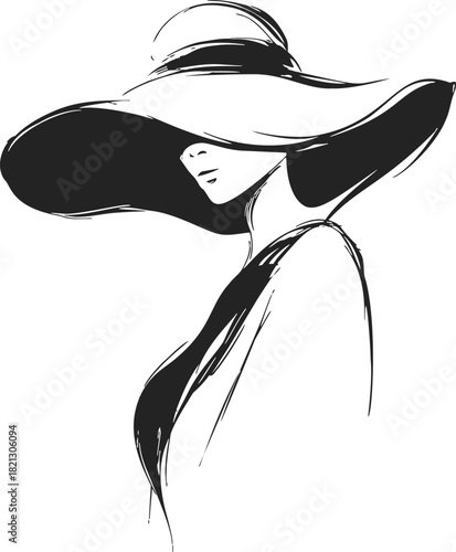 Woman with large hat sketch, hand drawn minimalist fashion portrait. Vector illustration
