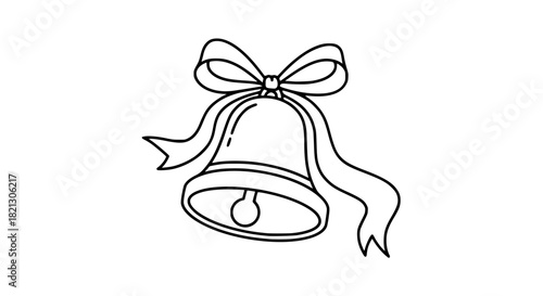 Vector illustration of a Christmas bell with ribbon, outline style, isolated on white background, elegant holiday icon for stock images