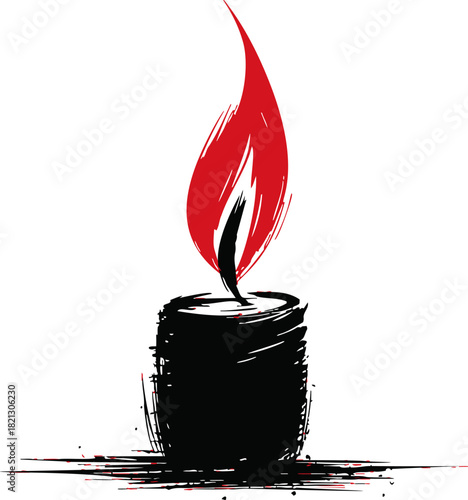 Burning candle, hand drawn sketch with red flame and black wick. Vector illustration