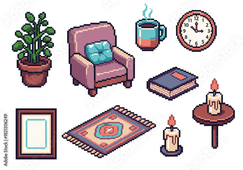 Cozy Home Interior Pixel Art Collection Retro Decor and Furniture Icons for Digital Design and Gaming Assets