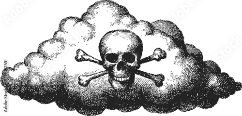Skull and crossbones sketch in cloud, hand drawn vintage toxic warning. Vector illustration