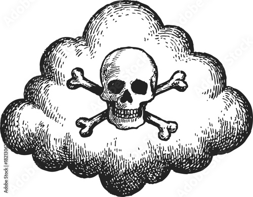 Skull and crossbones sketch in toxic gas cloud, hand drawn vintage style. Vector illustration