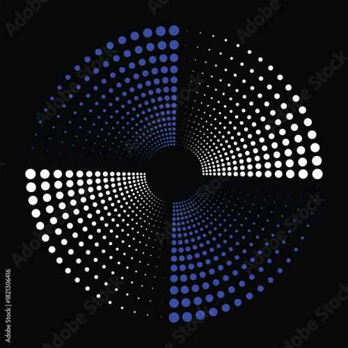 Abstract halftone circle pattern blue and white dotted design element isolated on black background