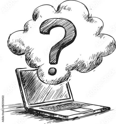 Laptop with question mark cloud, sketch hand drawn style, symbolizing confusion or problem. Vector illustration