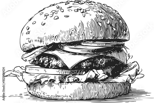 Hamburger sketch hand drawn with cheese, lettuce, tomato, and sesame bun. Vector illustration
