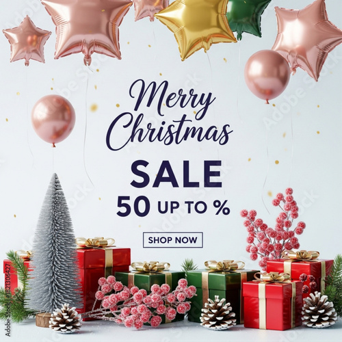 Merry Christmas Sale Banner with Festive Gifts and Balloons Promotion