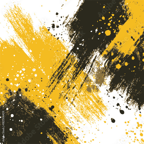 Abstract paint splatter sketch, hand drawn black and yellow brush strokes with dynamic splashes. Vector illustration