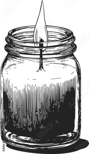 Jar candle sketch hand drawn style with burning flame in glass container. Vector illustration