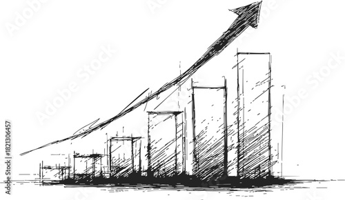 Bar chart sketch hand drawn with upward arrow showing business growth trend. Vector illustration