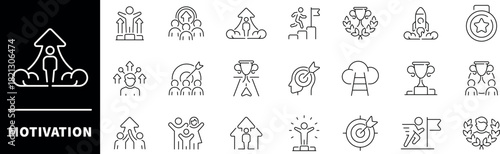 Motivation vector icons. Motivation thin line icon collection. Outline icons related to motivation