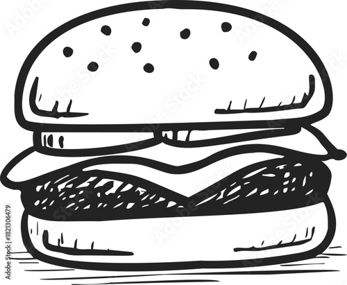 Burger sketch hand drawn style with cheese and lettuce layers. Vector illustration