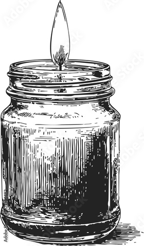 Candle in glass jar sketch, hand drawn style with burning flame detail. Vector illustration