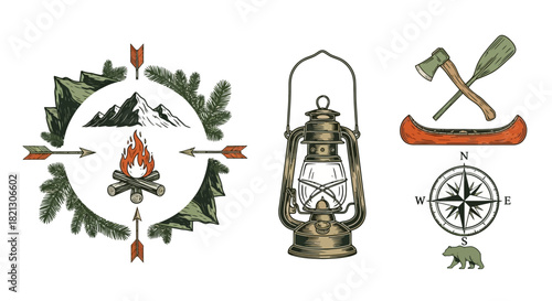 Rustic camping vector elements with pine wreath, campfire, lantern, and outdoor tools for adventure branding