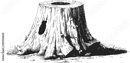 Tree stump sketch, hand drawn style with detailed bark texture and ground shadow. Vector illustration