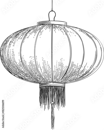 Chinese lantern sketch, hand drawn round hanging lantern with tassel detail. Vector illustration