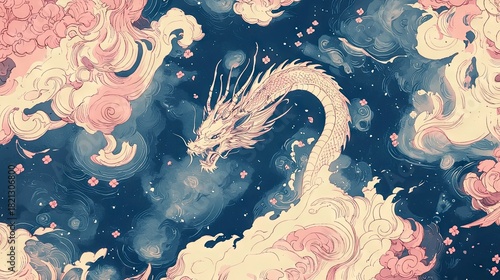 A stylized white dragon with delicate features is depicted as it ascends through stylized pink clouds and scattered cherry blossoms against a dark blue, starry