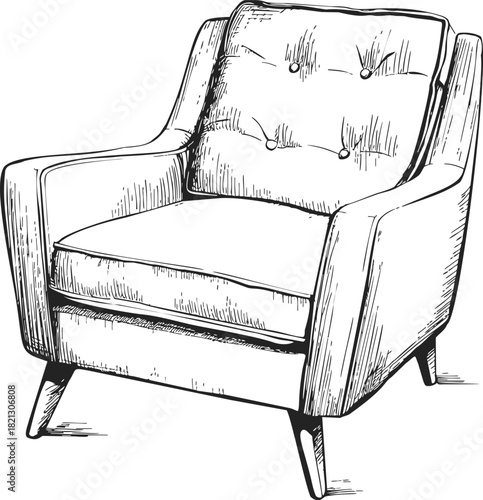 Armchair sketch hand drawn with cushion and wooden legs in retro style. Vector illustration