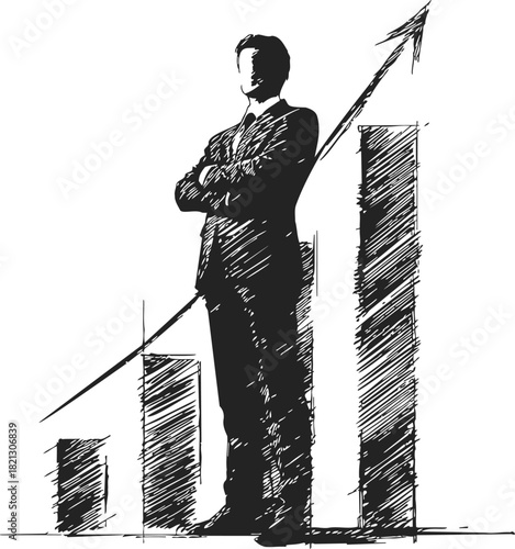 Businessman sketch with arms crossed, standing in front of rising bar chart and upward arrow. Vector illustration