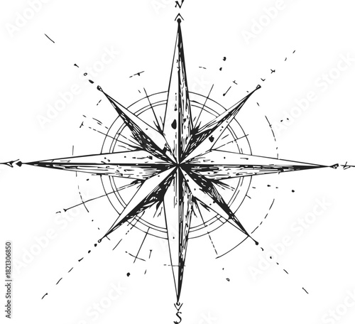 Compass rose sketch, hand drawn nautical star with cardinal directions and grunge details. Vector illustration