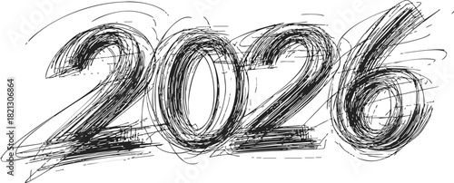 2026 hand drawn sketch style bold numbers with dynamic scribble lines. Vector illustration