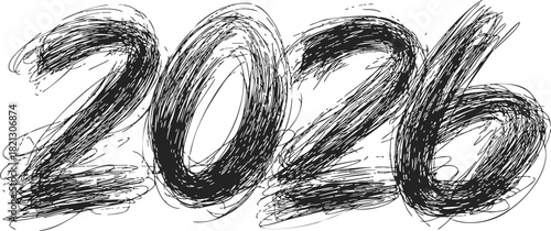 2026 hand drawn sketch bold scribble numbers, dynamic energetic style. Vector illustration