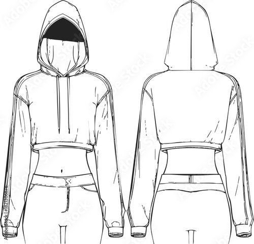 Cropped hoodie front and back sketch, hand drawn fashion technical drawing. Vector illustration