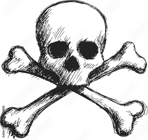 Skull and crossbones sketch, hand drawn vector, classic hazard symbol with rough lines. Vector illustration