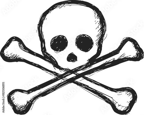 Skull and crossbones sketch, hand drawn vector, classic pirate danger symbol. Vector illustration