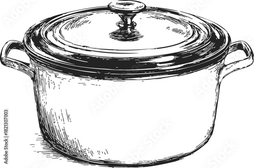 Stock pot sketch hand drawn with lid and handles, classic cookware kitchen utensil. Vector illustration
