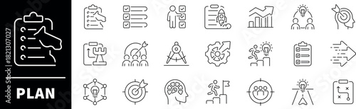 Plan vector icons. Plan, planning thin line icon collection. Action Plan outline icons. Strategy, analysis, planning, analysis, tasks, goal, implementation, action plan, plan related icons.