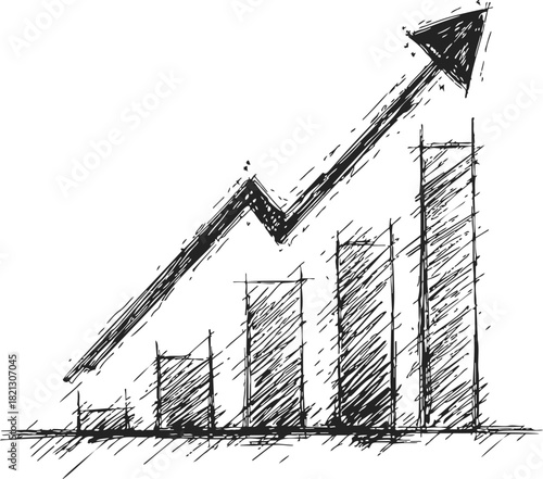Bar chart sketch with upward arrow, hand drawn style, symbolizing growth and success. Vector illustration